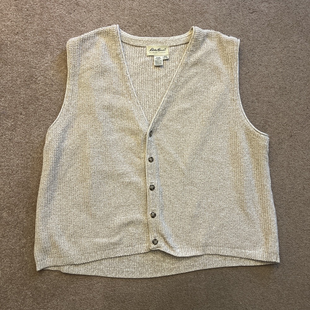 Vintage Eddie Bauer Sweater Vest Mens XL Beige Button Front Waffle Knit 61404